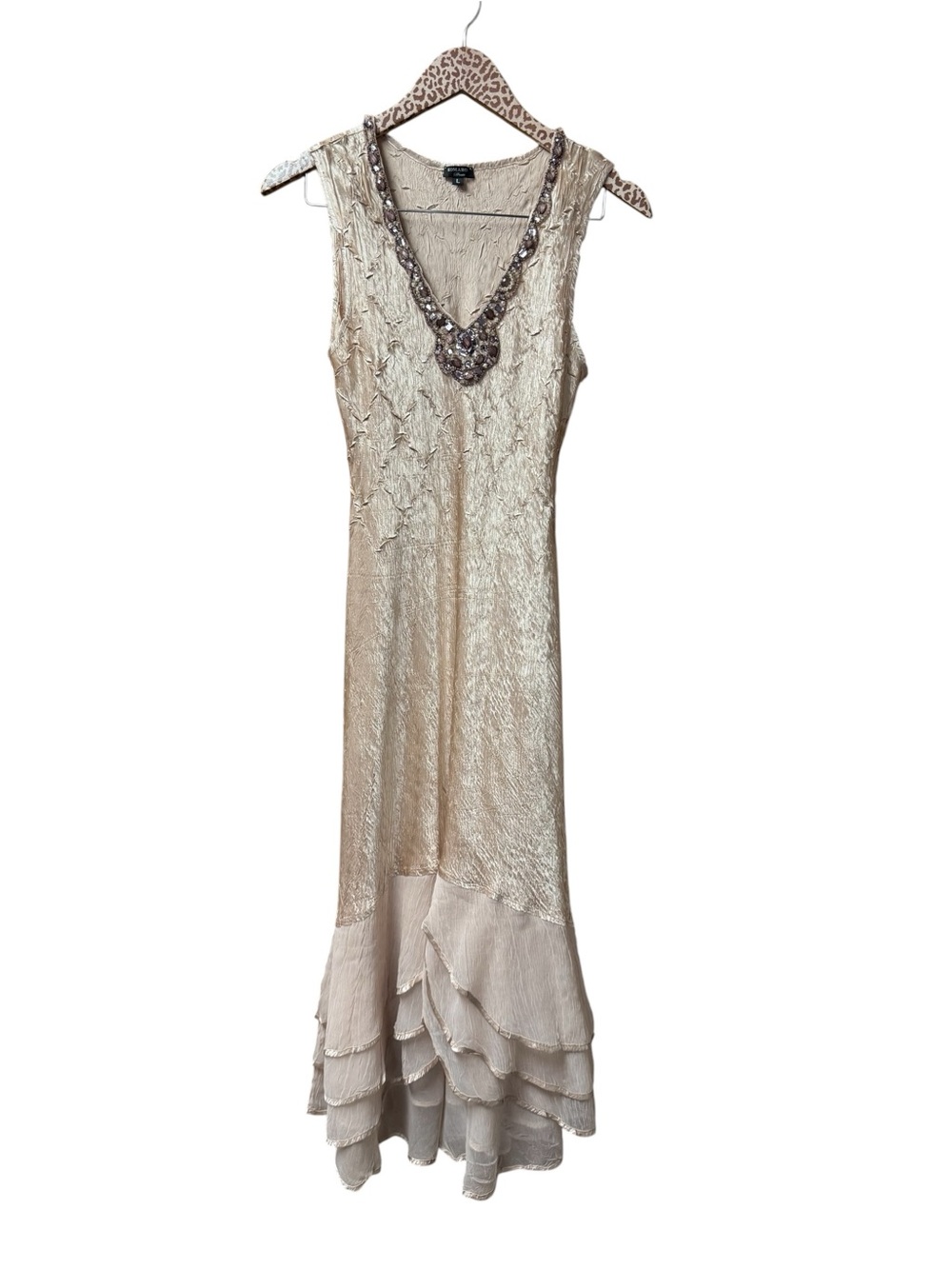 Komarov Sleeveless V-Neck Embellished Satin Long Maxi Dress Beige Large NEW